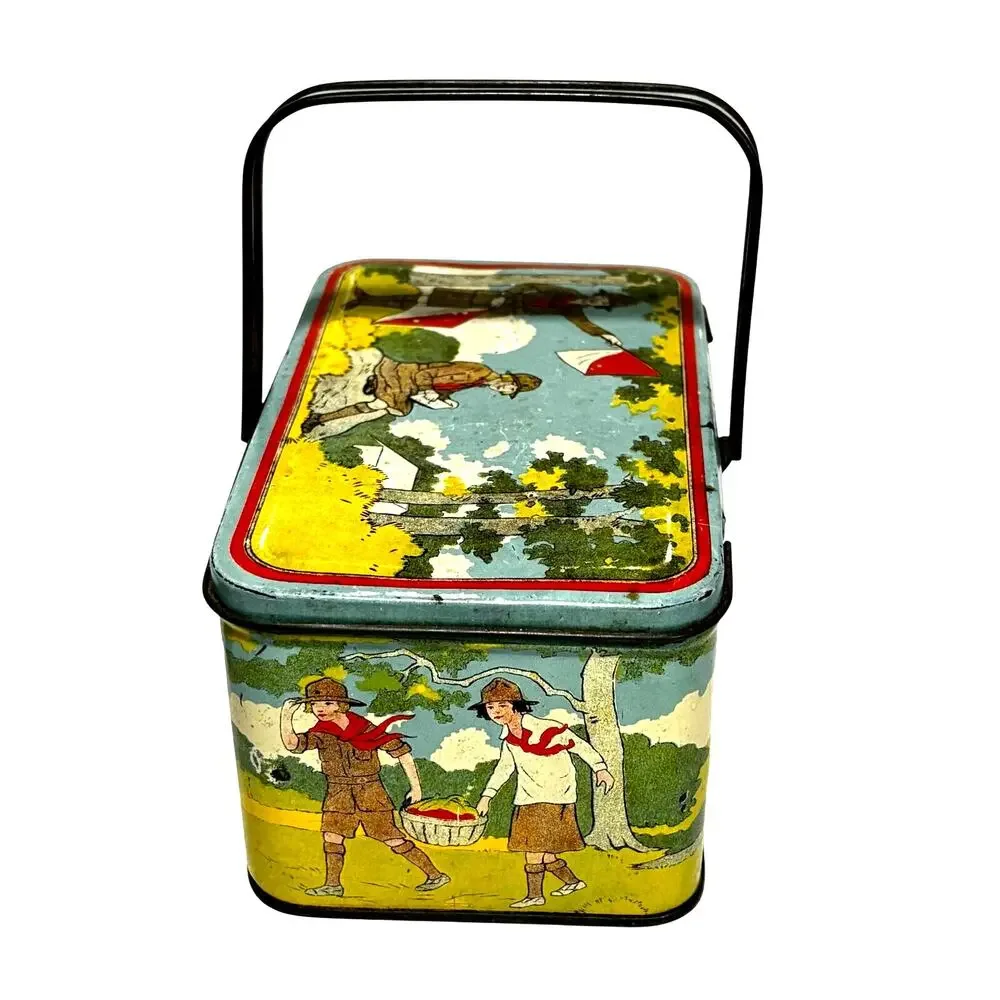 Vintage Girl Scouts metal tin lunch box top handle guides flags yellow blue
